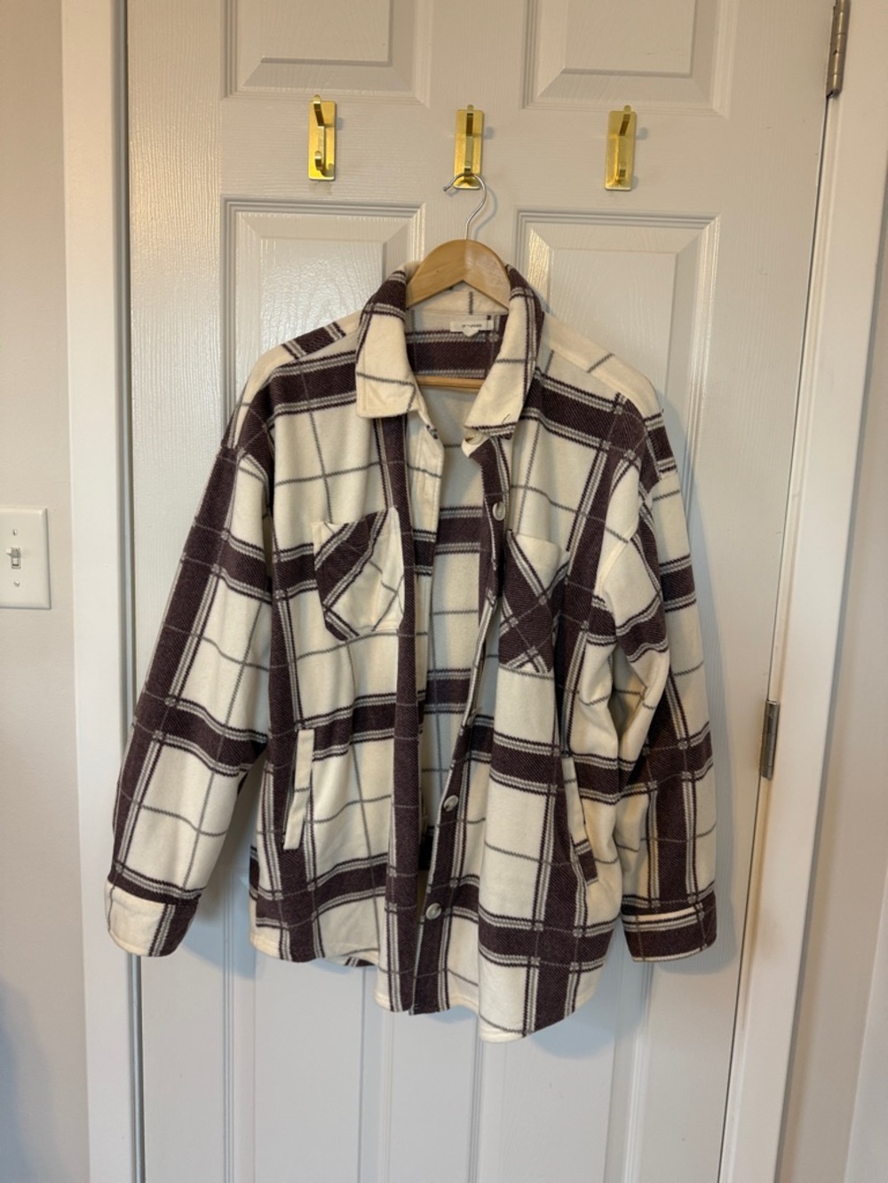 Maurices Plaid Shacket in Cream and Dark Brown